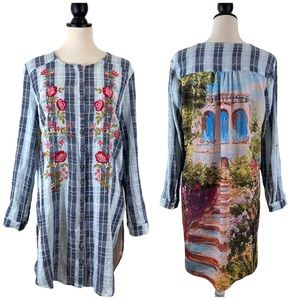Aratta Silent Journey Shirt Dress Plaid Floral Garden Print Button Front, Size S